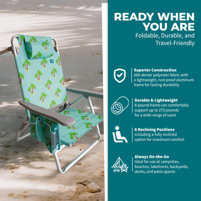 Bliss Hammocks Folding Beach Chair, Backpack Recliner with Towel Rack, Palm Tree - VMInnovations