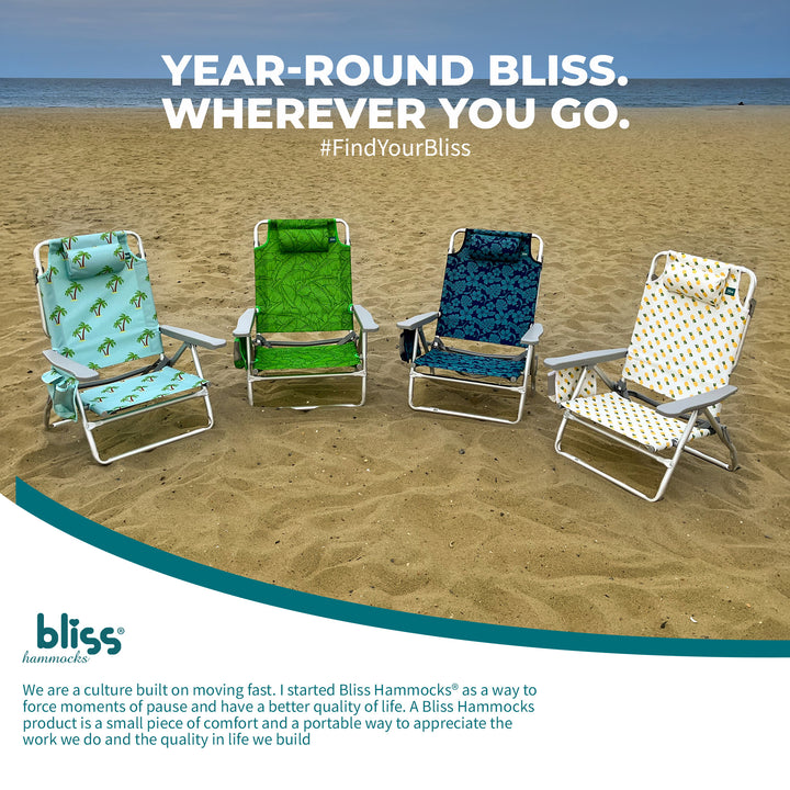 Bliss Hammocks Folding Beach Chair, Backpack Recliner with Towel Rack, Palm Tree