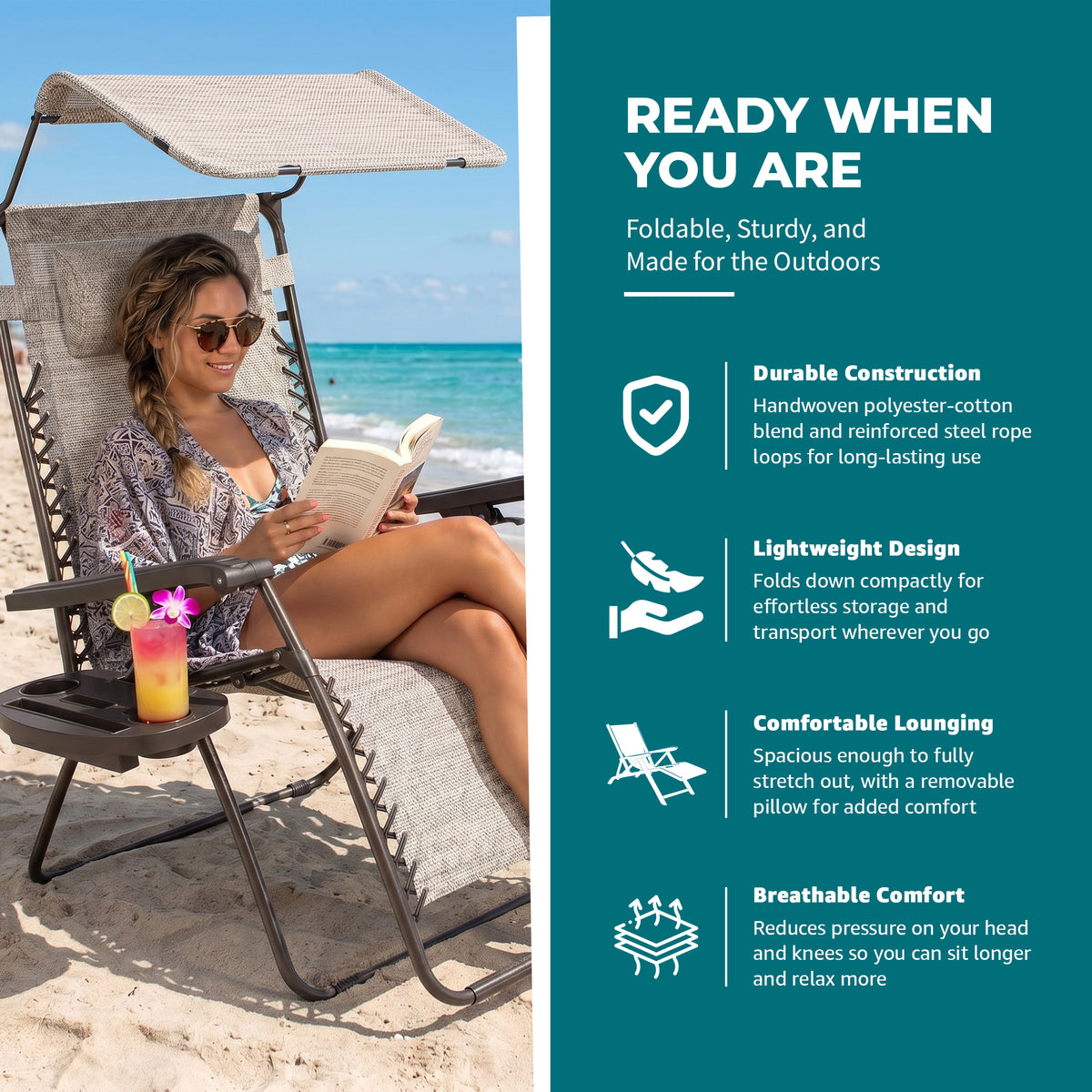 Bliss Hammocks 2 Pack 30" Wide XL Zero Gravity Outdoor Lounge Chair with Canopy