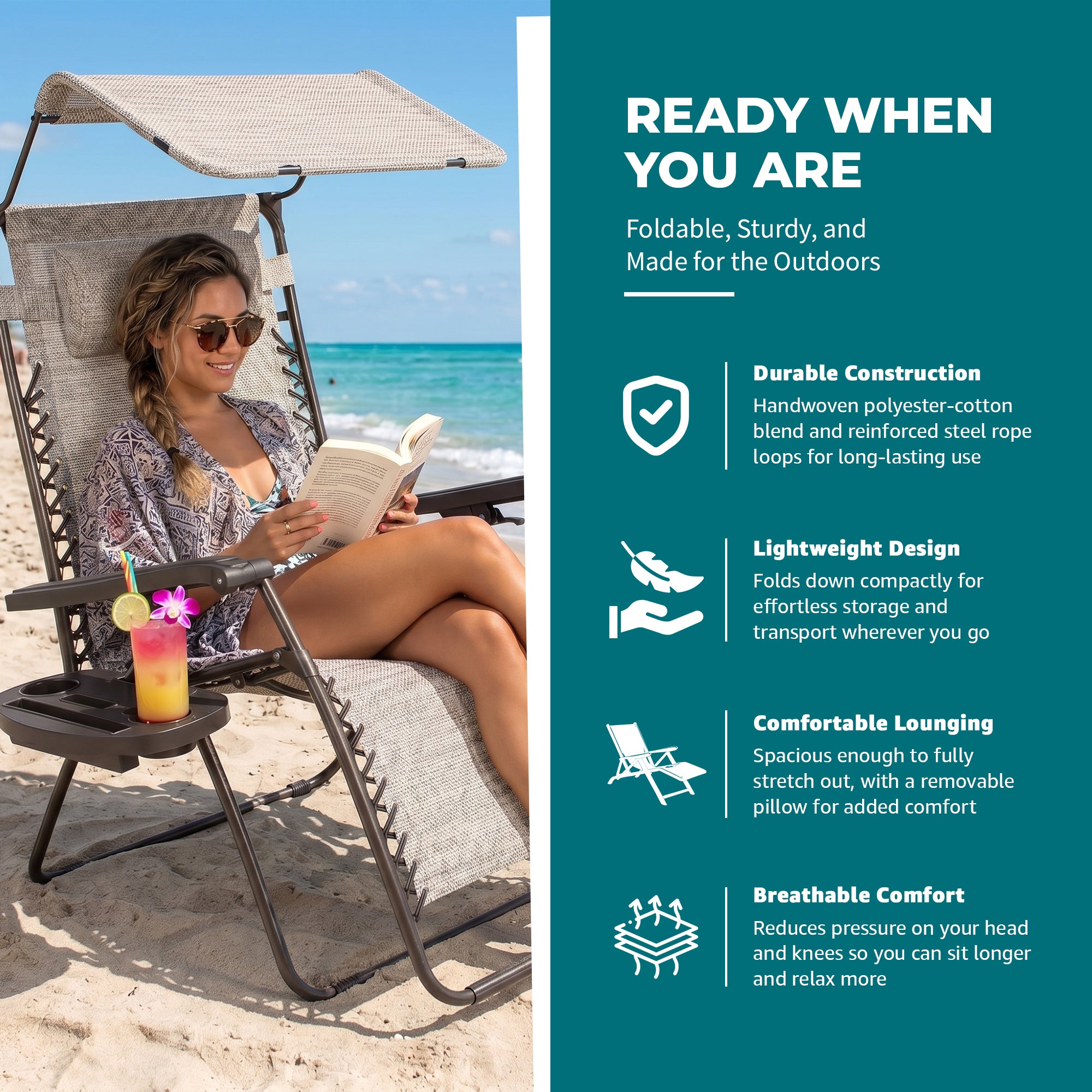 Bliss Hammocks 33" Wide XXL Zero Gravity Outdoor Lounge Chair w/Canopy(Open Box)