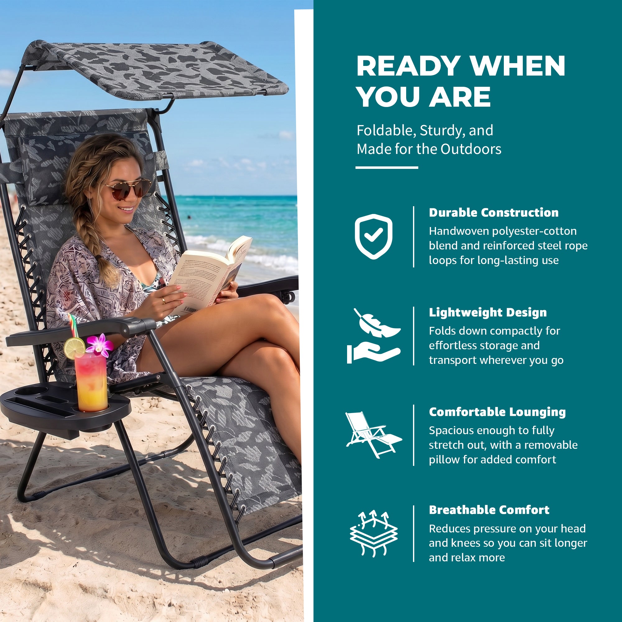 Bliss Hammocks 2 Pack 33" Wide XXL Zero Gravity Outdoor Lounge Chair with Canopy