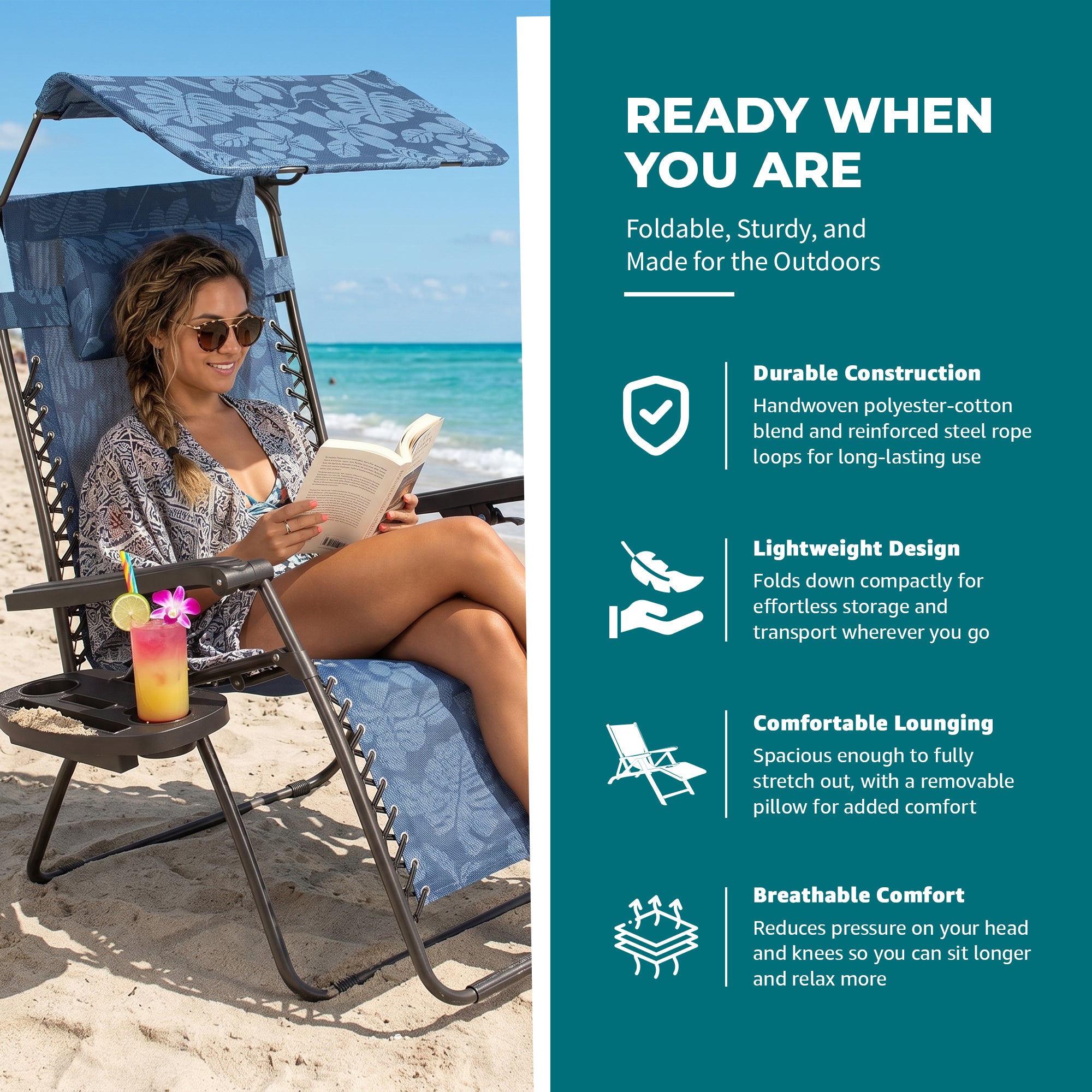 Bliss Hammocks 30" Wide XL Zero Gravity Outdoor Lounge Chair w/ Canopy(Open Box)