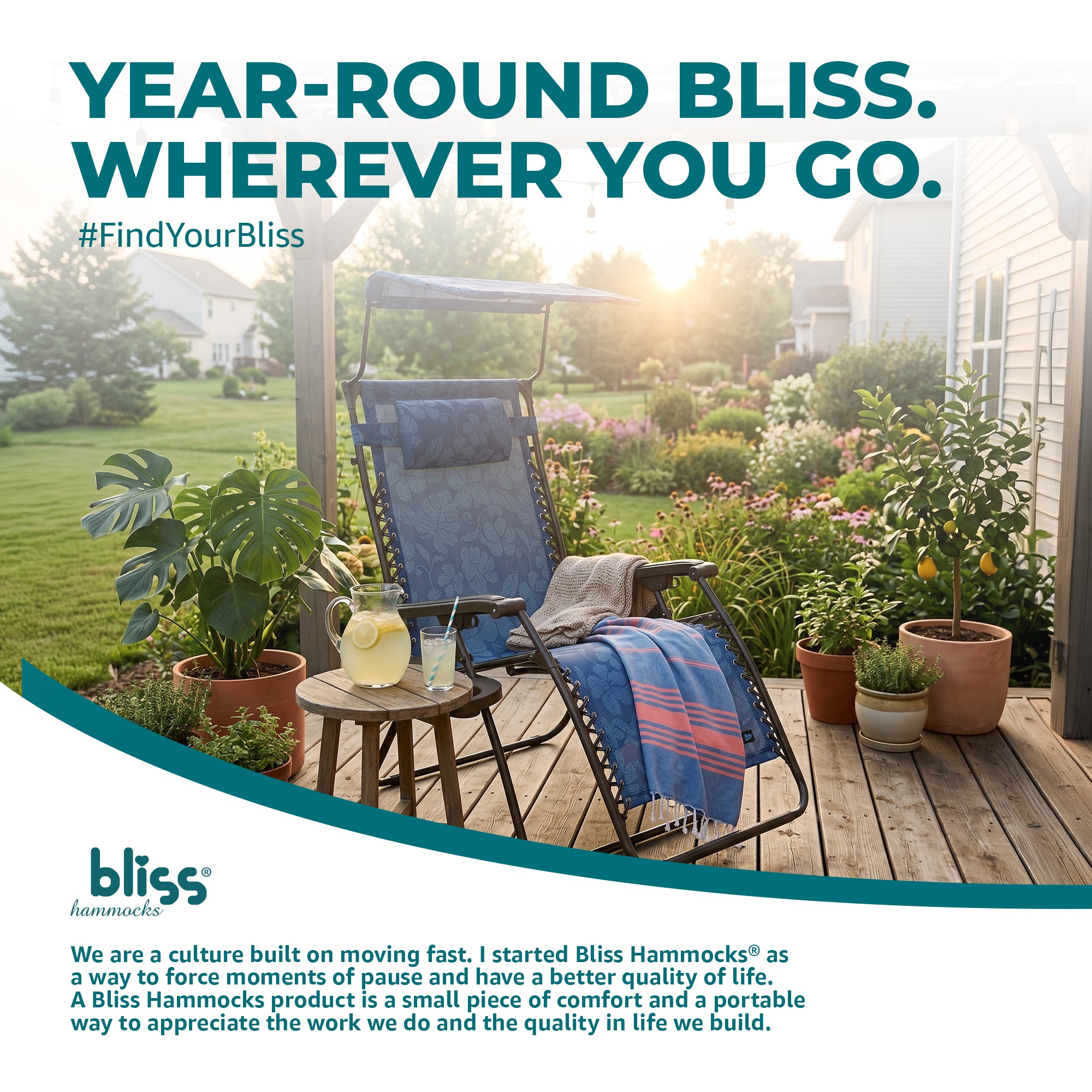 Bliss Hammocks 33"Wide XXL Zero Gravity Outdoor Lounge Chair W Canopy (Open Box)