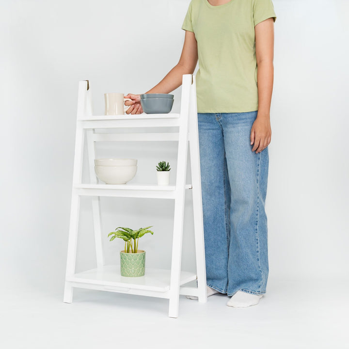 PJ Wood 3 Tier Foldable Bookshelf Wooden Storage Rack Home Stand, White (Used)