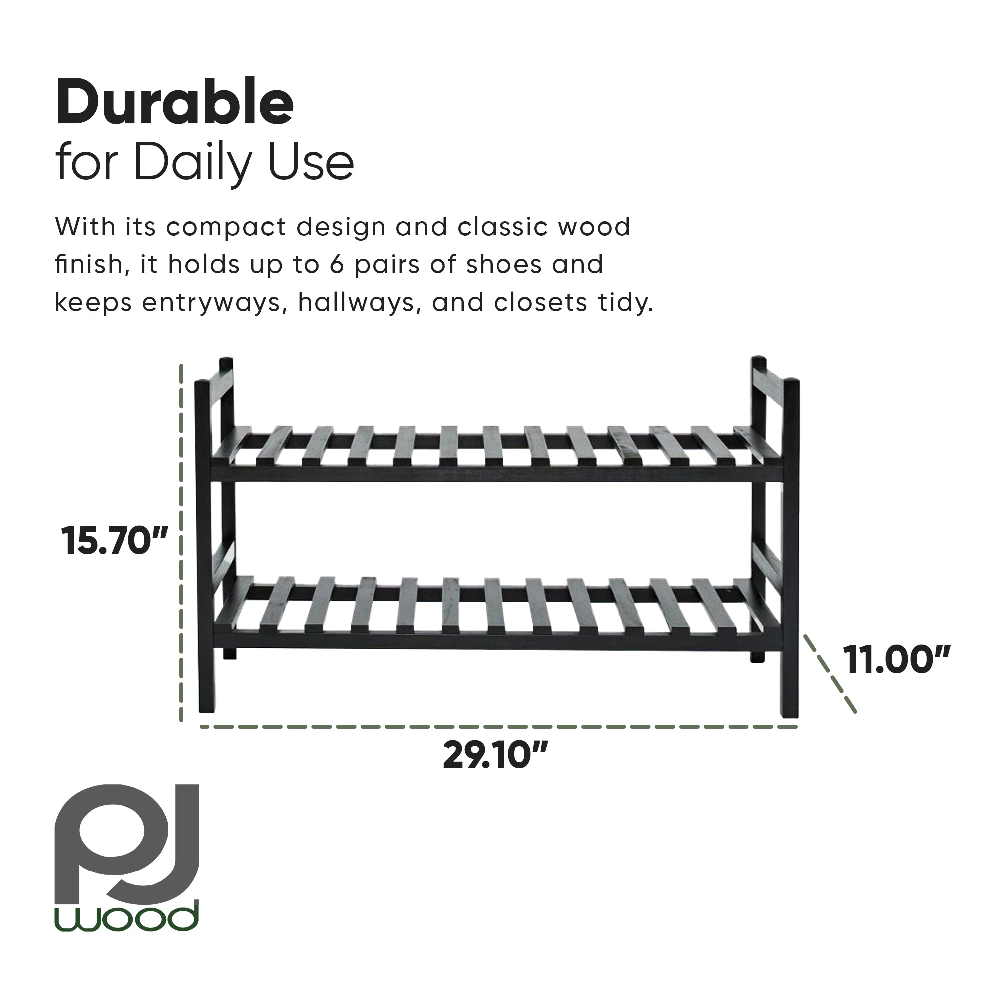 PJ Wood Stackable Wood Shoe Rack Organizer Shelf Closet Entryway Bedroom, Black - VMInnovations