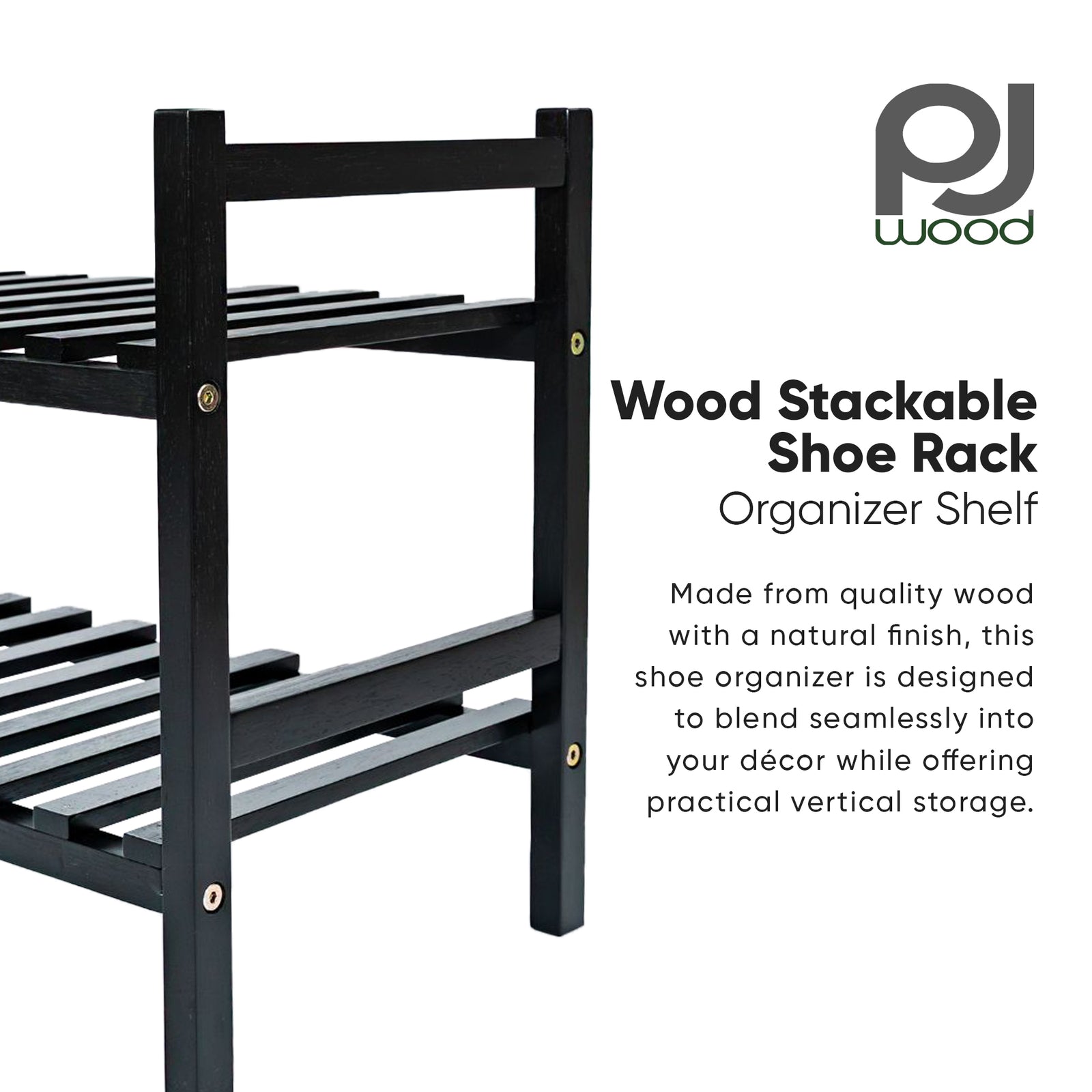 PJ Wood Stackable Wood Shoe Rack Organizer Shelf Closet Entryway Bedroom, Black - VMInnovations