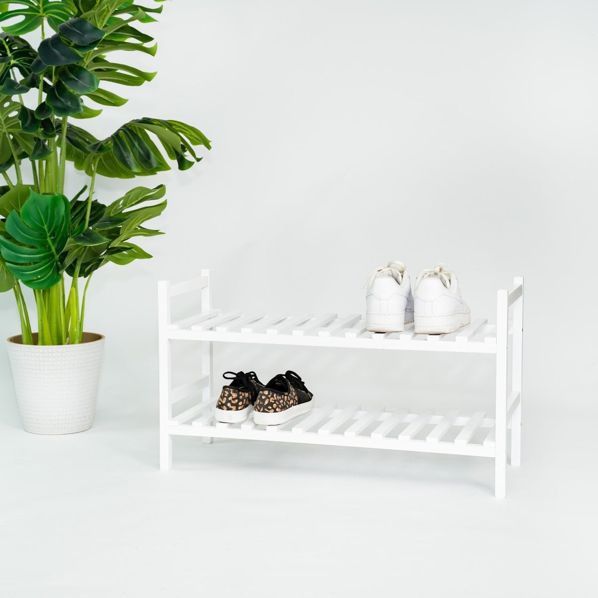 PJ Wood Stackable Wood Shoe Rack Organizer For Closet Bedroom, White (Open Box)