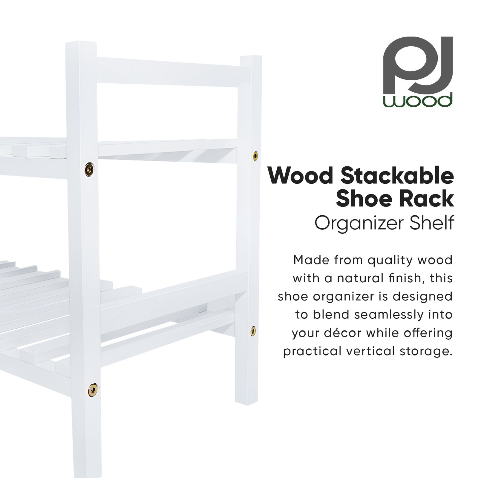 PJ Wood Stackable Wood Shoe Rack Organizer Shelf Closet Entryway Bedroom, White - VMInnovations
