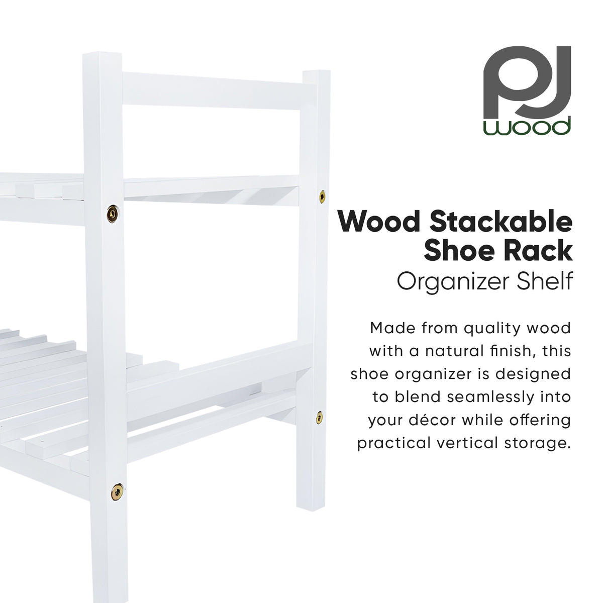 PJ Wood Stackable Wood Shoe Rack Organizer For Closet Bedroom, White (Open Box)