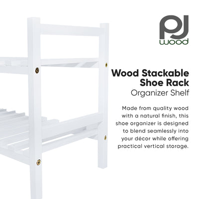 PJ Wood Stackable Wood Shoe Rack Organizer For Closet Bedroom, White (Open Box)