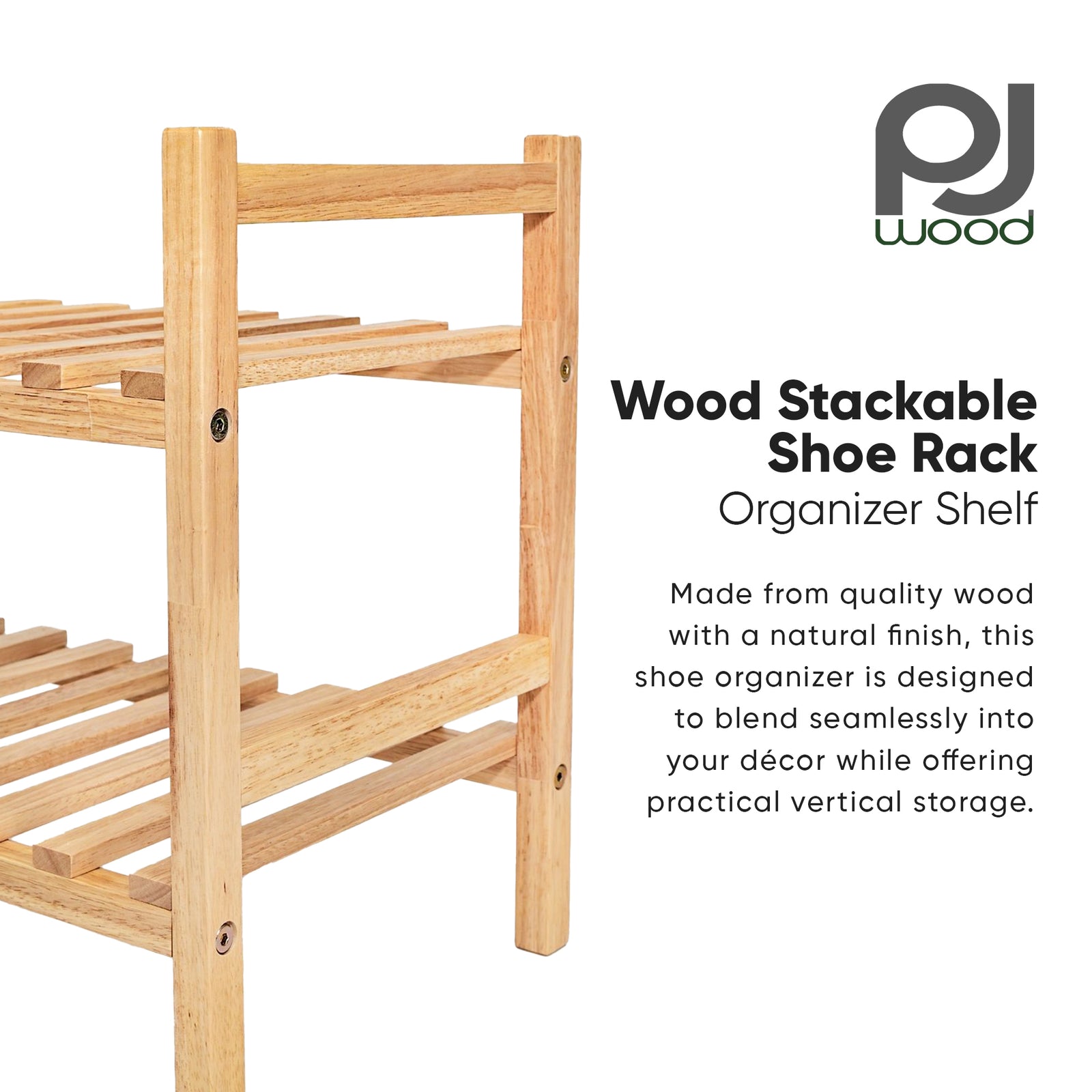 PJ Wood Stackable Wood Shoe Rack Organizer Shelf Closet Entryway Bedroom Natural - VMInnovations