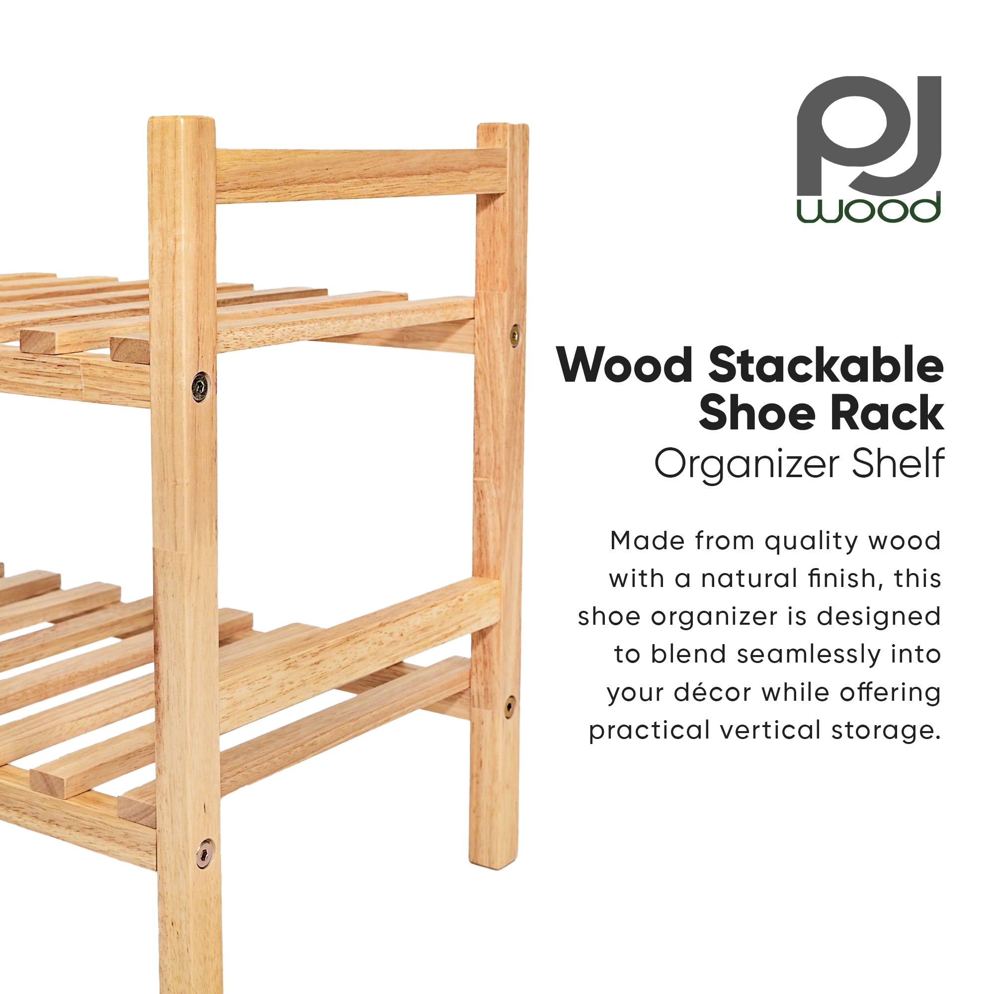 PJ Wood Stackable Wood Shoe Rack Organizer Shelf Closet Entryway Bedroom Natural - VMInnovations