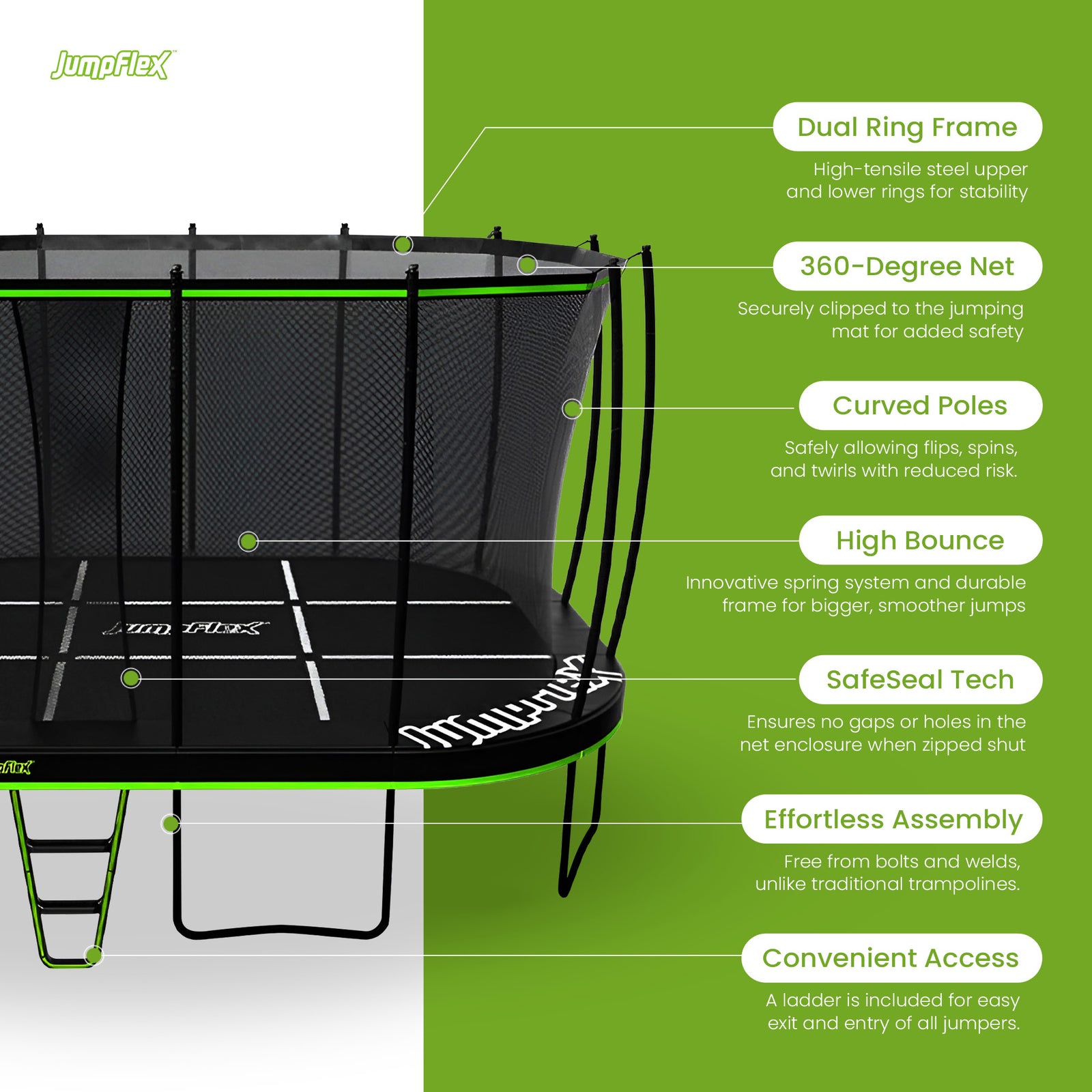 JumpFlex MEGA 17' Trampoline, Large Outdoor Jumping Play Set with Net and Ladder - VMInnovations