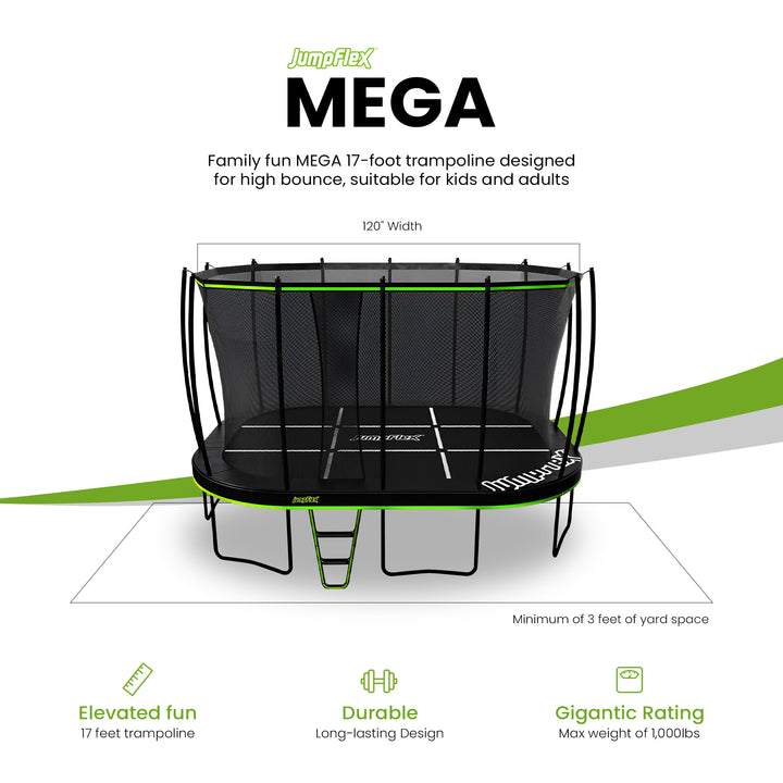 JumpFlex MEGA 17' Trampoline, Large Outdoor Jumping Play Set with Net and Ladder