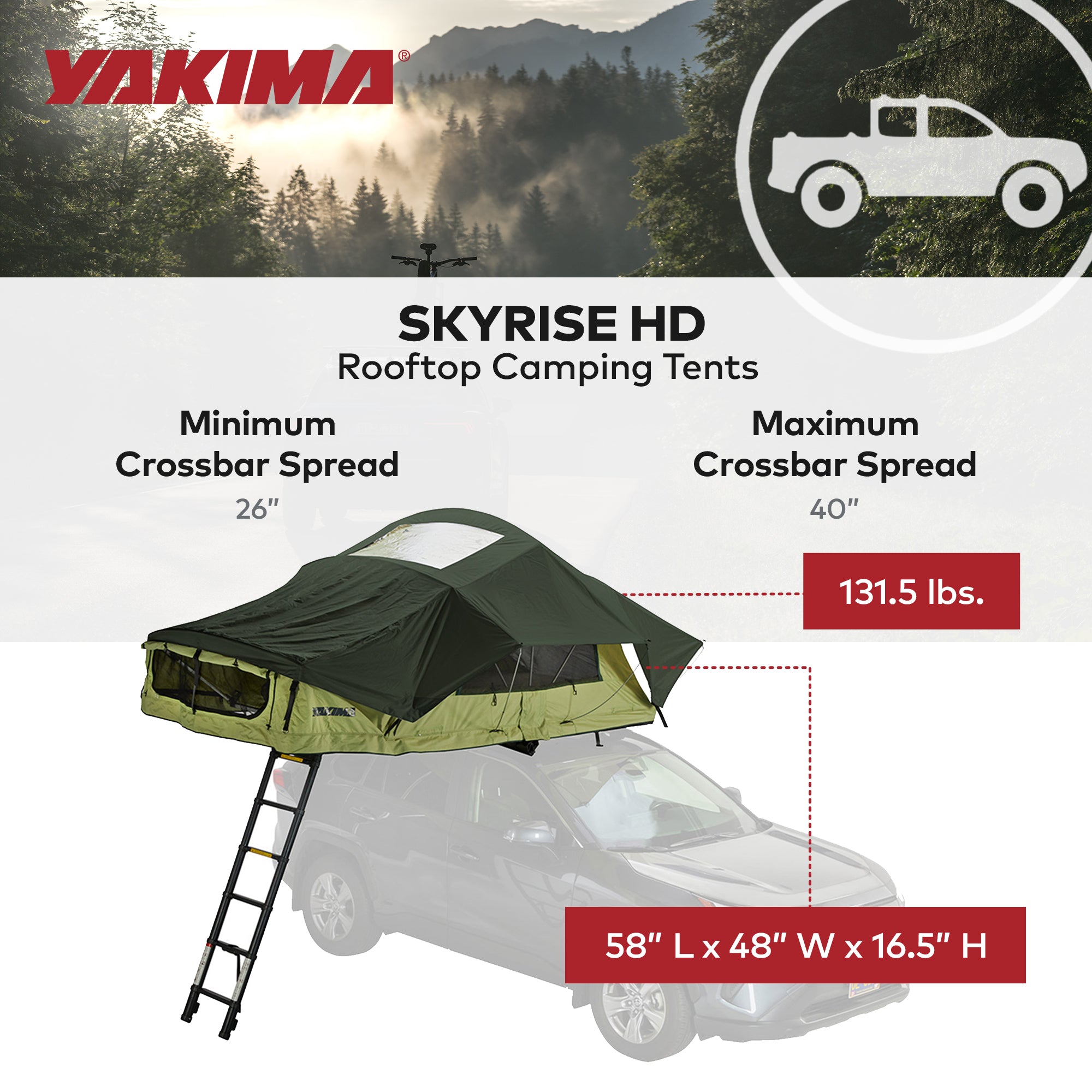 Yakima SkyRise HD Heavy Duty 4 Season Rooftop Tent, Mattress for 2 People, Green - VMInnovations