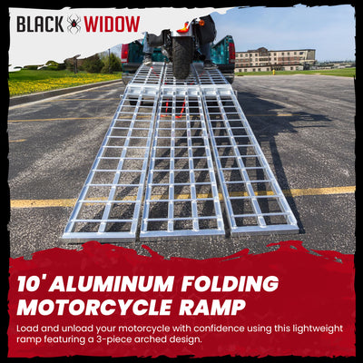 Black Widow 10’ Aluminum Folding Motorcycle Ramp, 3 Piece Design, Silver (Used) - VMInnovations