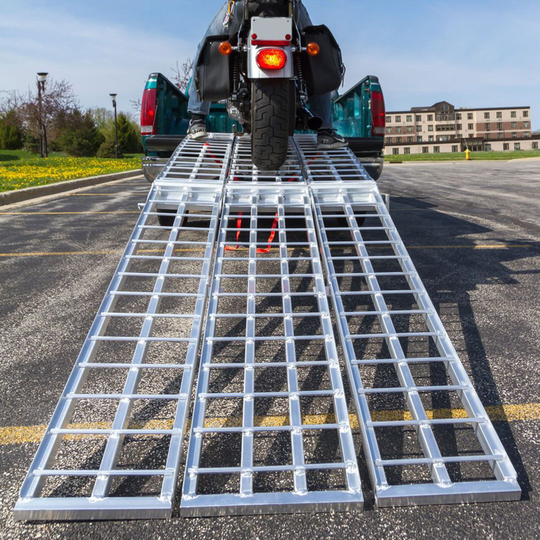 Black Widow 10’ Aluminum Folding Motorcycle Ramp, 3 Piece Design, Silver (Used)
