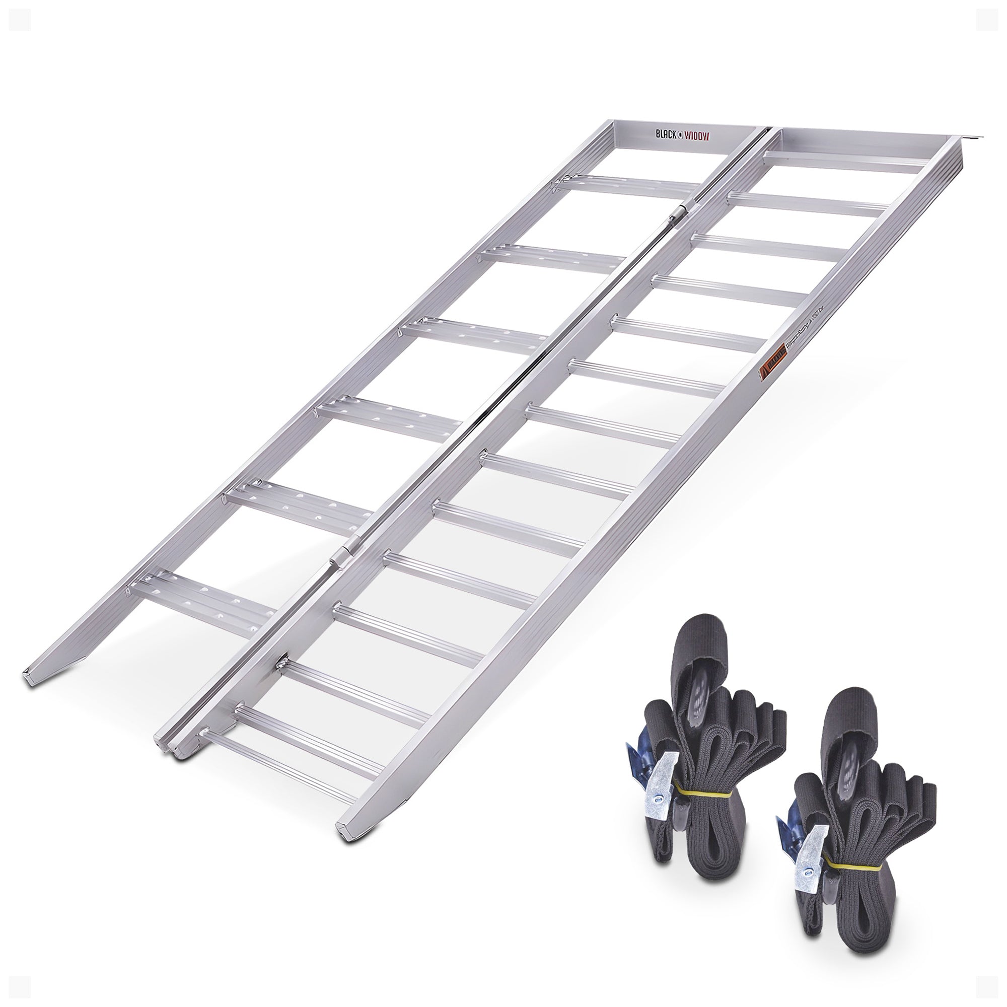 Black Widow Aluminum Bi Fold Motorcycle Ramp with Steps, Silver (Open Box)