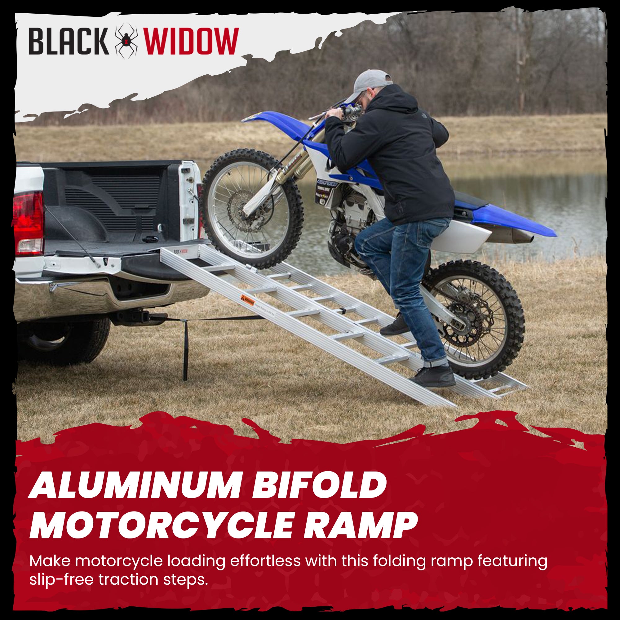 Black Widow Aluminum Bi Fold Motorcycle Ramp with Steps, Silver (Open Box)