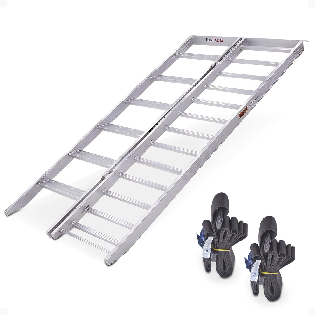 Black Widow Aluminum Bi Fold Motorcycle Ramp with Steps, Folding Ramp, Silver