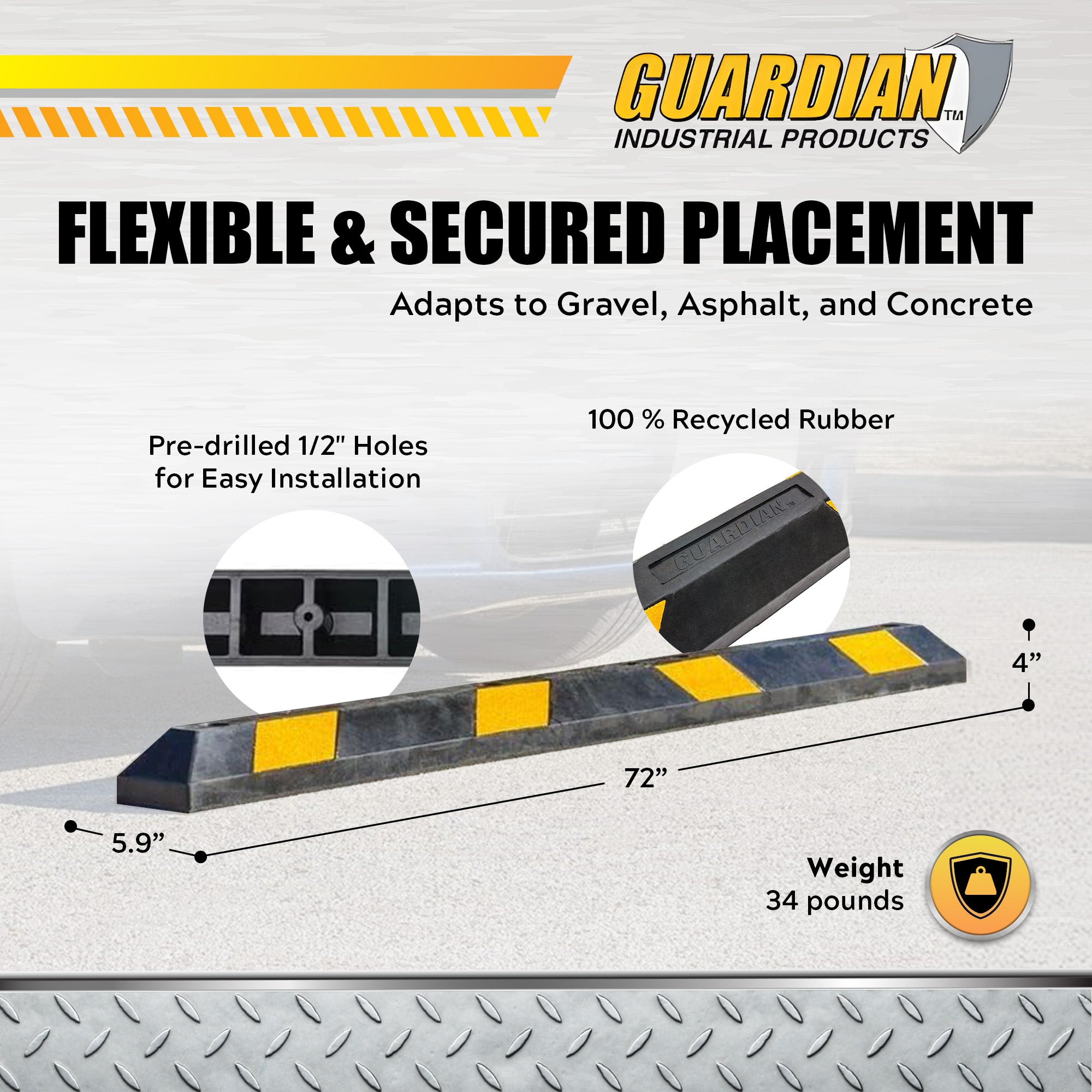 Guardian Parking Stop, 6ft Long Rubber Curb with Mounting Holes, (Used)