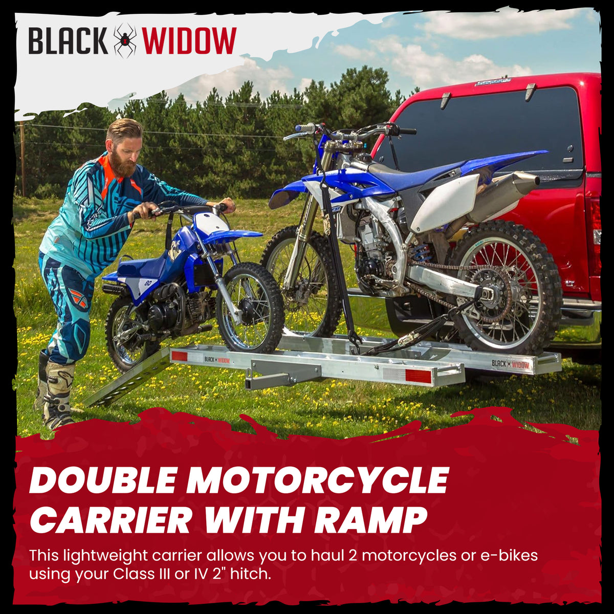 Black Widow Double Motorcycle Carrier w/Ramp for 2" Hitch, 600lb Capacity (Used)
