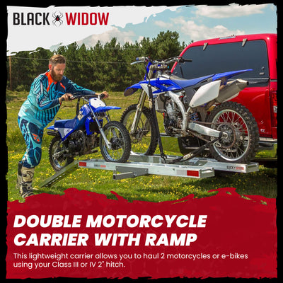 Black Widow Double Motorcycle Carrier w/Ramp for 2" Hitch, 600lb Capacity (Used)