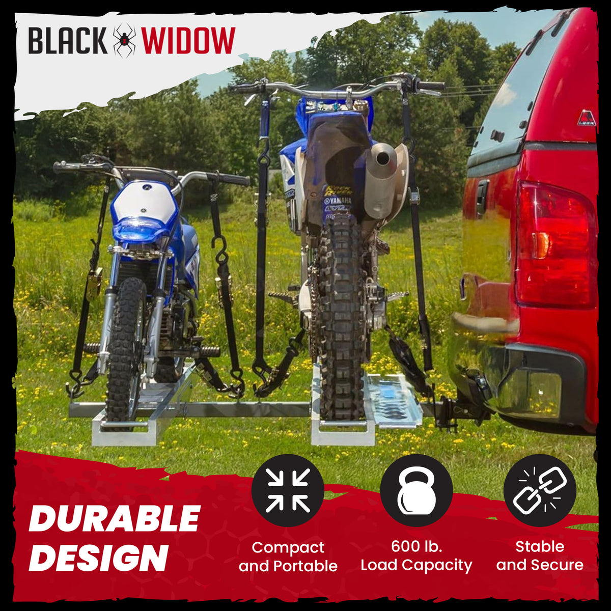 Black Widow Double Motorcycle Carrier w/Ramp for 2" Hitch, 600lb Capacity (Used)