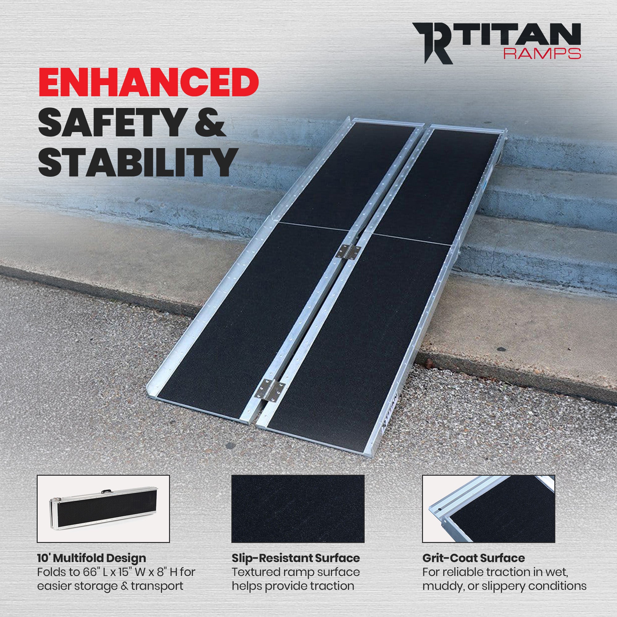 Titan Ramps 10 Foot Multi-Fold Aluminum Wheelchair Ramp, 600 Pound Capacity - VMInnovations