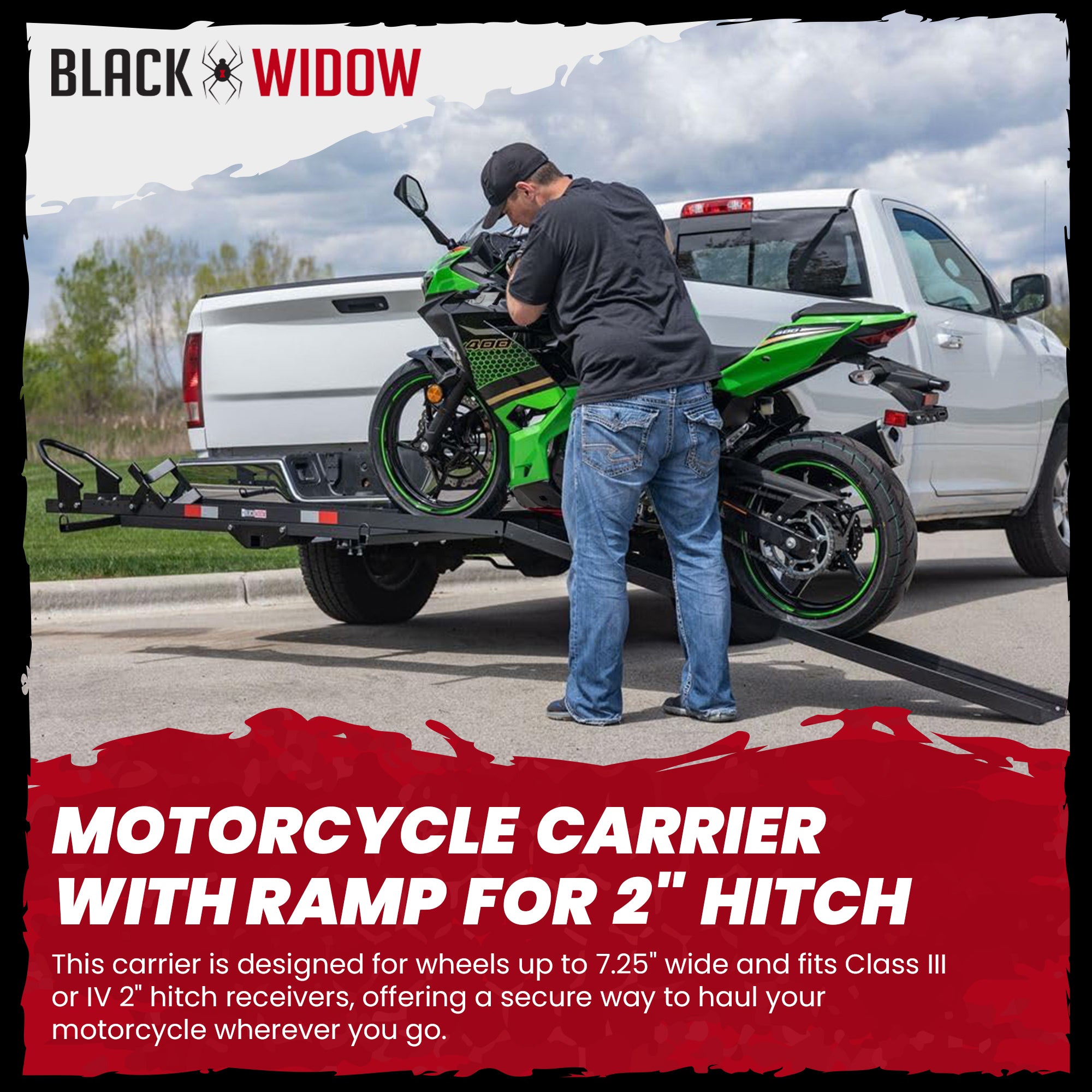 Black Widow Motorcycle Bike Carrier with Ramp for 2" Hitch, 600 Pound Capacity