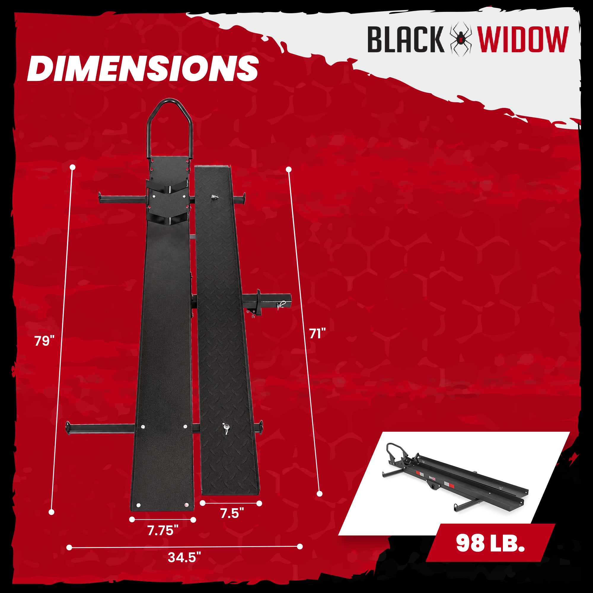 Black Widow Motorcycle Bike Carrier with Ramp for 2" Hitch, 600 Pound Capacity