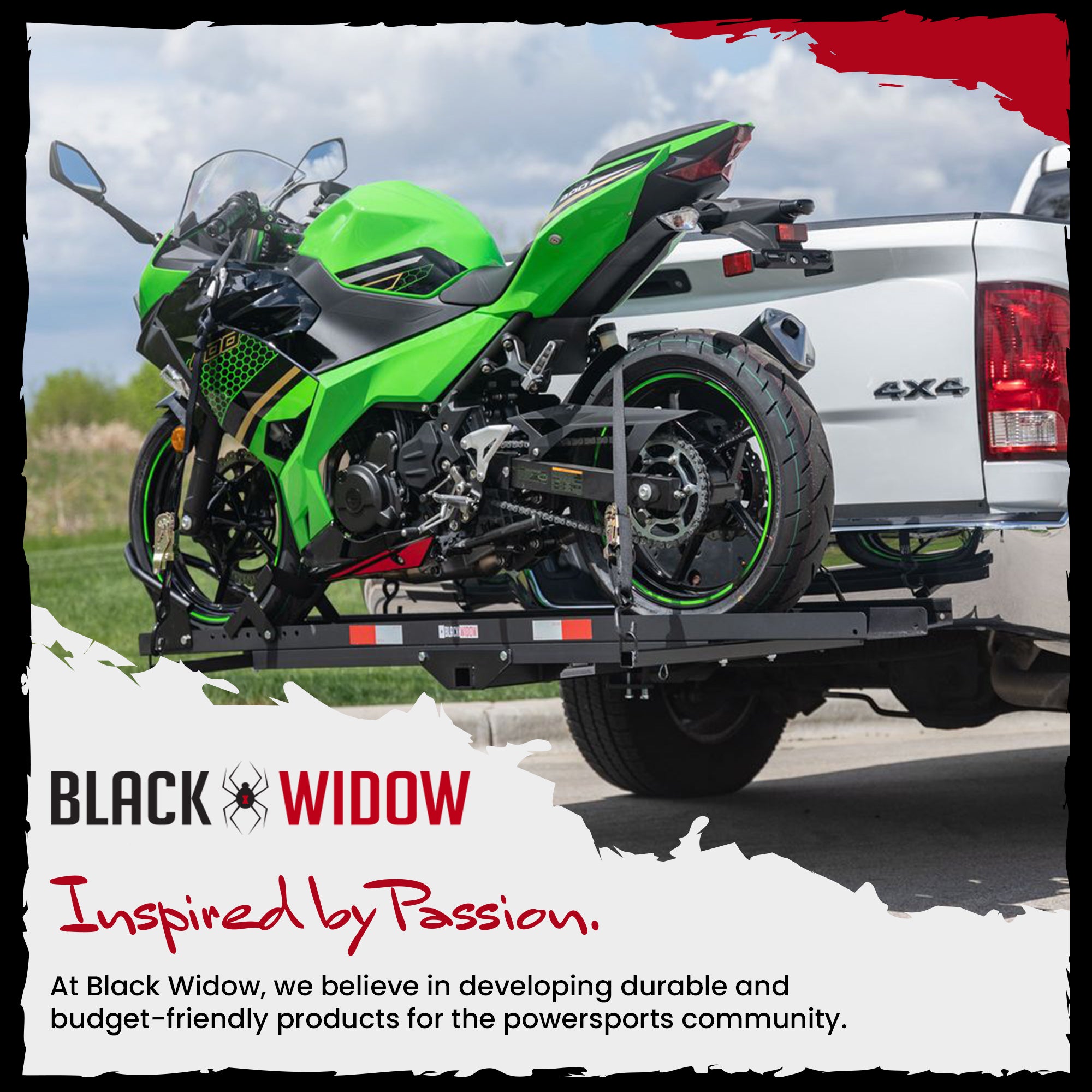 Black Widow Motorcycle Bike Carrier with Ramp for 2" Hitch, 600 Pound Capacity