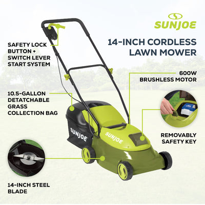 Sun Joe Walk-Behind Cordless Push Lawn Mower with Brushless Motor (Open Box) - VMInnovations
