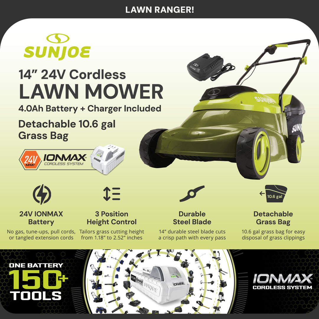 Sun Joe Walk-Behind Cordless Push Lawn Mower with Brushless Motor, 24V-MJ14C