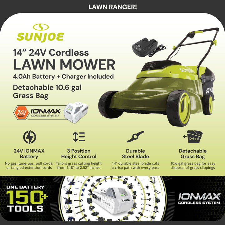 Sun Joe Walk-Behind Cordless Push Lawn Mower with Brushless Motor, 24V-MJ14C