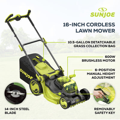 Sun Joe Walk-Behind Cordless Push Lawn Mower with Brushless Motor, 24V-X2-16LM