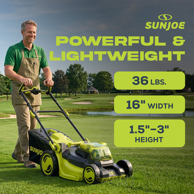 Sun Joe Walk-Behind Cordless Push Lawn Mower with Brushless Motor, 24V-X2-16LM