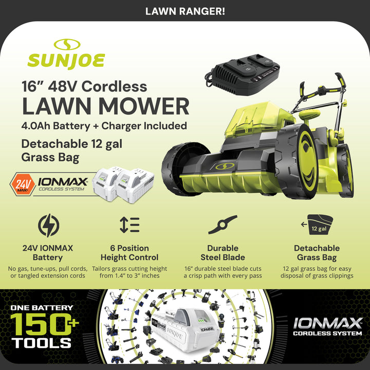 Sun Joe Walk-Behind Cordless Push Lawn Mower with Brushless Motor, 24V-X2-16LM