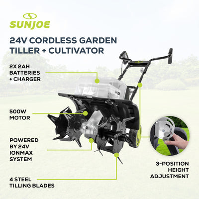 Sun Joe 24V Cordless Garden Tiller Cultivator Accessory Kit, Black, 24V-X2-TLR14