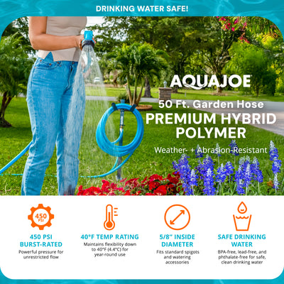Aqua Joe 50 Ft Hybrid Polymer FLEX Garden Hose, Drinking Water Safe, AJPGH50-DWS