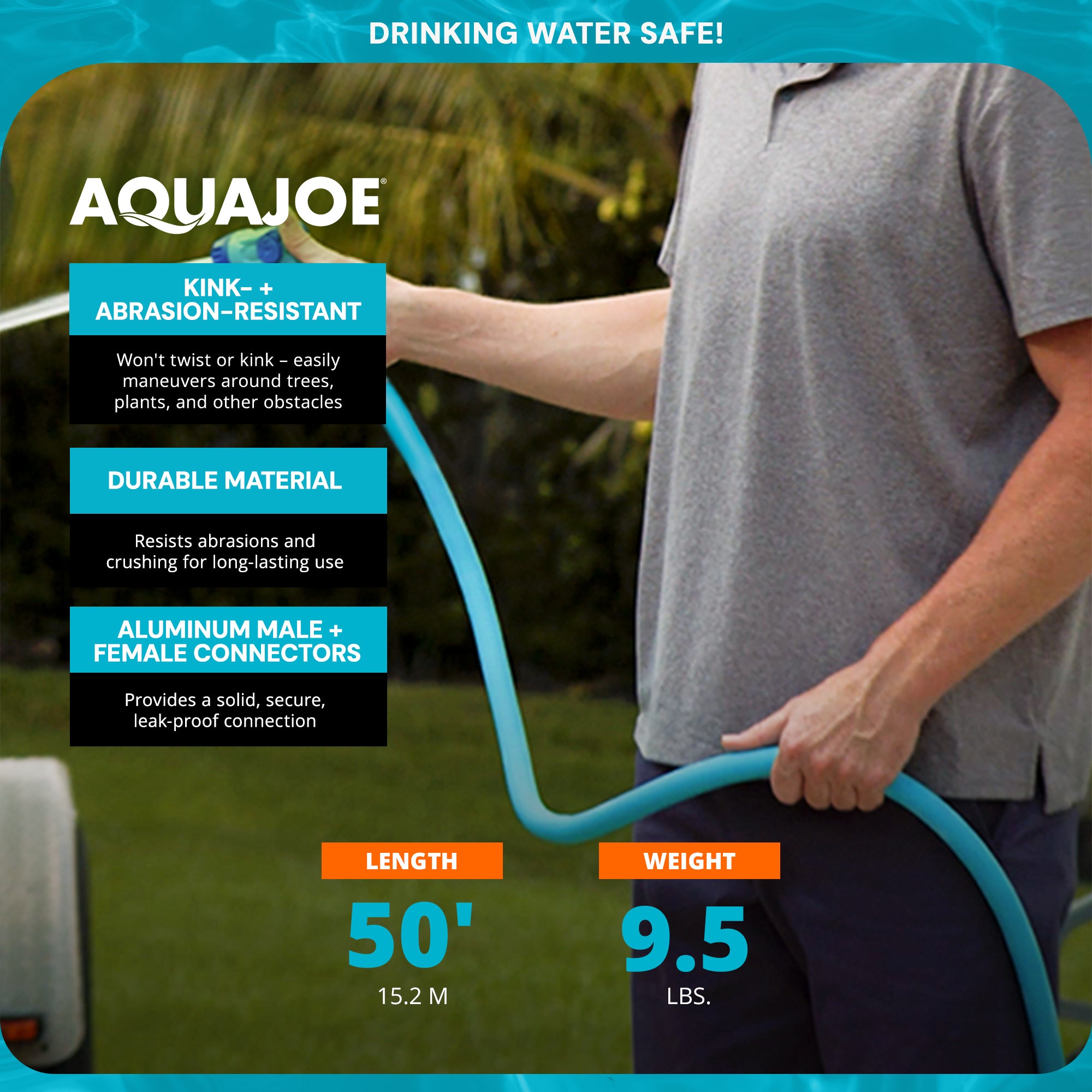 Aqua Joe 50 Ft Hybrid Polymer FLEX Garden Hose, Drinking Water Safe, AJPGH50-DWS (Open Box)