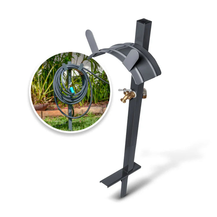 Sun Joe Steel Garden Hose Stand, Brass Faucet, Quick Install Anchor Base, Gray