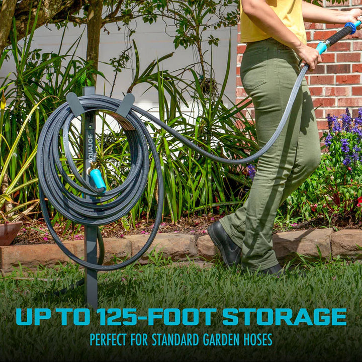 Sun Joe Steel Garden Hose Stand, Brass Faucet, Quick Install Anchor Base, Gray