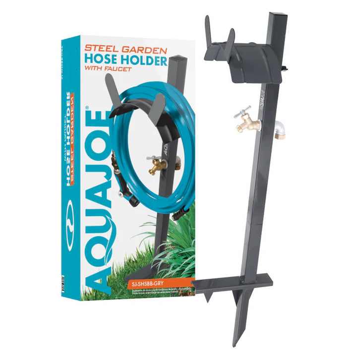 Sun Joe Steel Garden Hose Stand, Brass Faucet, Quick Install Anchor Base, Gray