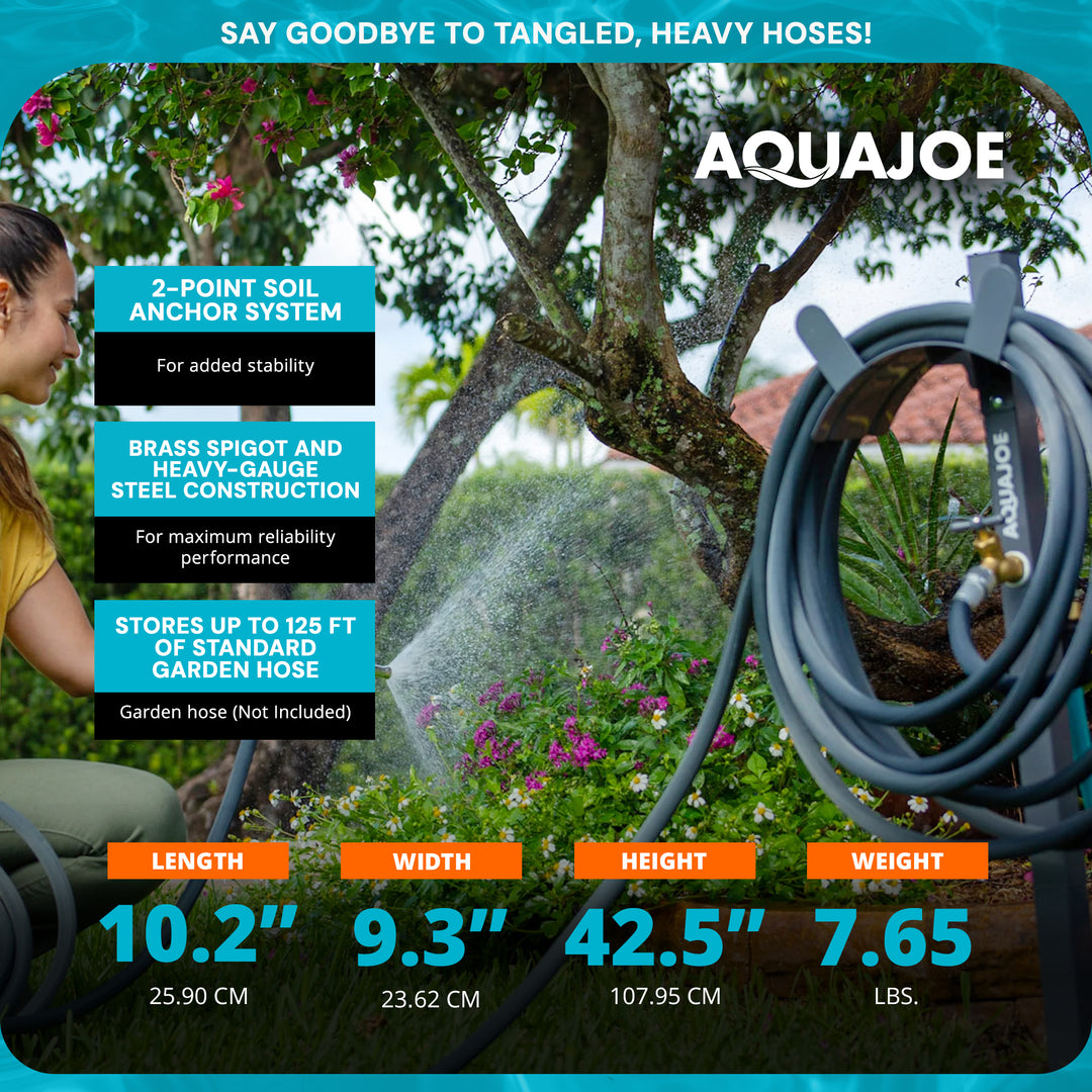 Sun Joe Steel Garden Hose Stand, Brass Faucet, Quick Install Anchor (Open Box)