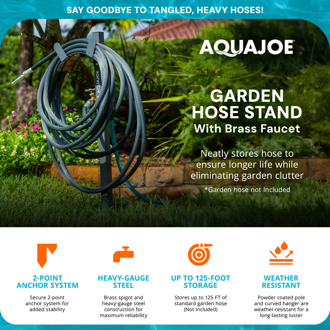 Sun Joe Steel Garden Hose Stand, Brass Faucet, Quick Install Anchor (Open Box)