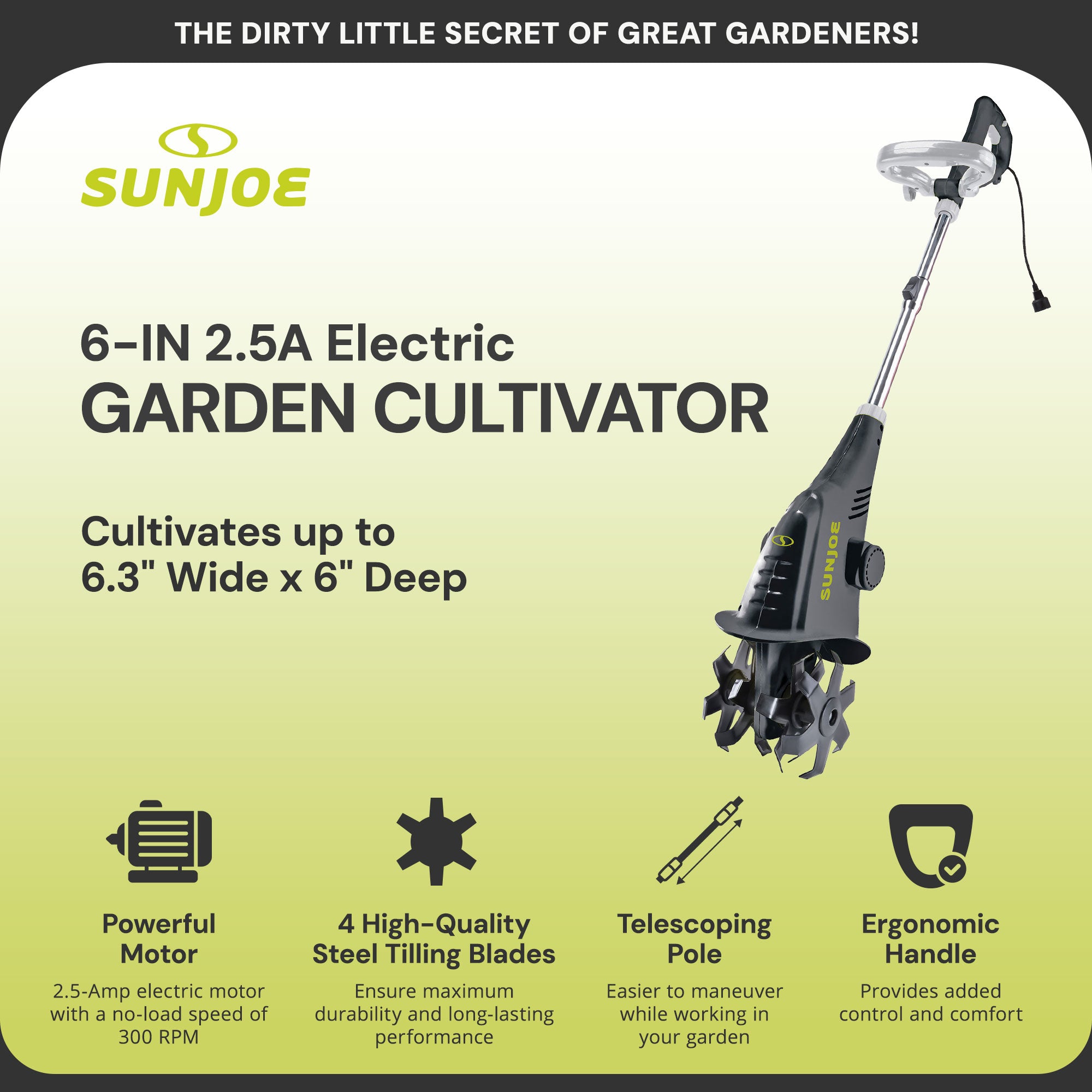 Sun Joe Aardvark 2.5-Amp 4 Steel Tines Electric Garden Cultivator | Open Box - VMInnovations