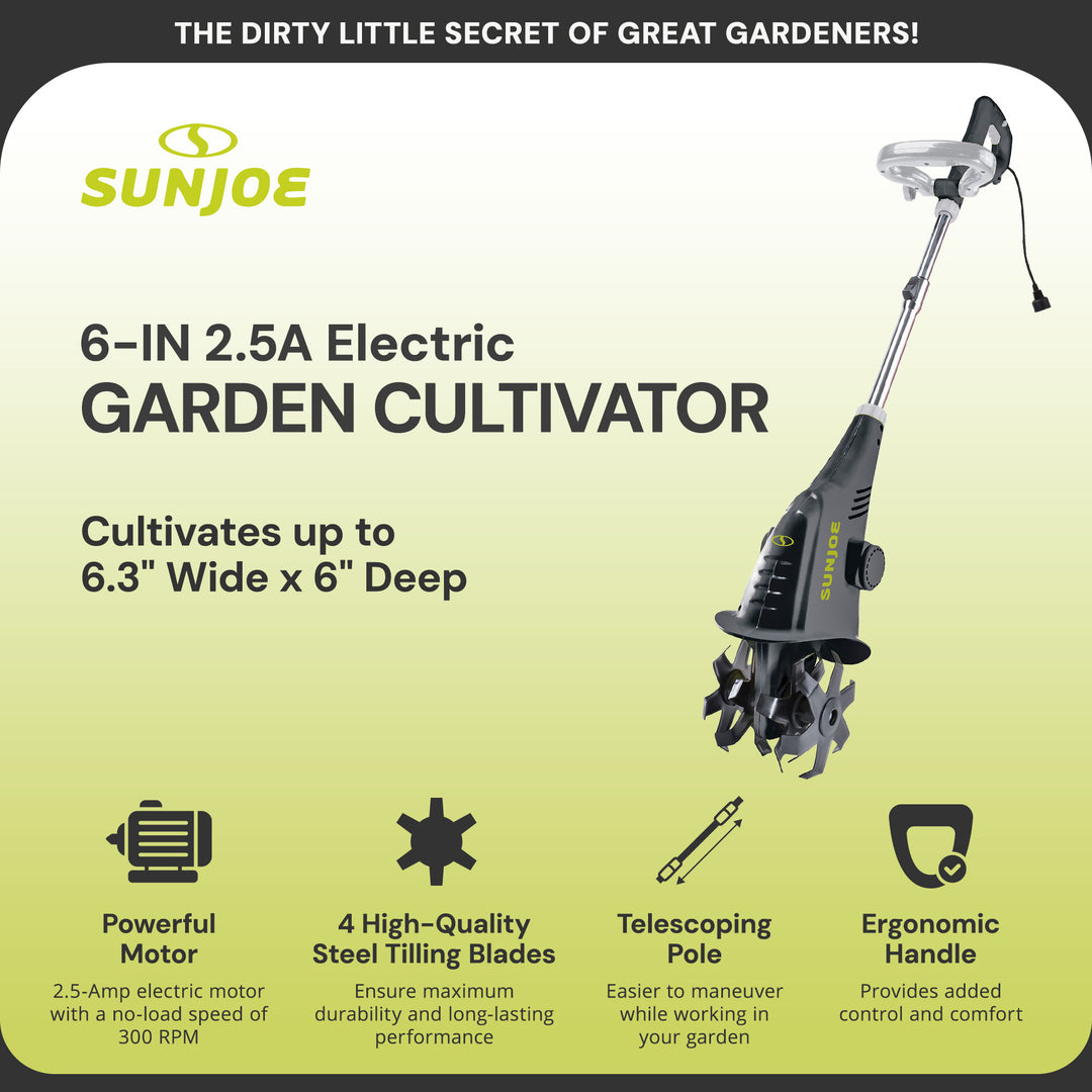 Sun Joe Electric Corded Garden Cultivator, 2.5 Amp Motor & Steel Blades, TJ599E
