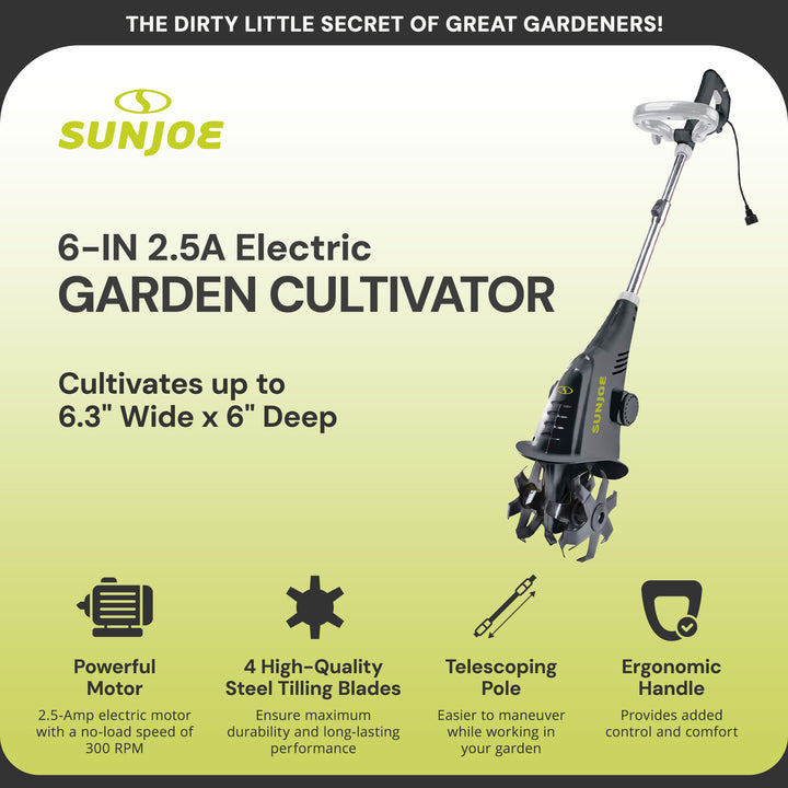 Sun Joe Electric Corded Garden Cultivator, 2.5 Amp Motor & Steel Blades, TJ599E