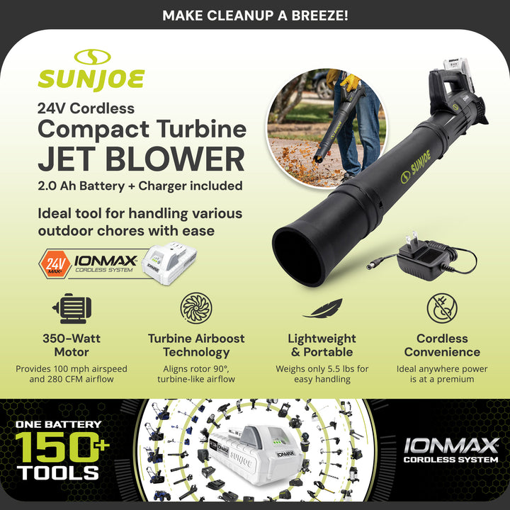 Sun Joe 24V Jet Leaf Blower Cordless Compact Turbine with Battery, 24V-TB-LTE